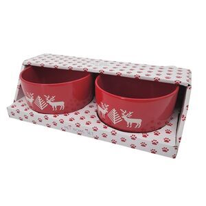 Two 2 Piece Pet Bowl Set Red Christmas Reindeer Water Food Cat Dog Ceramic NEW
